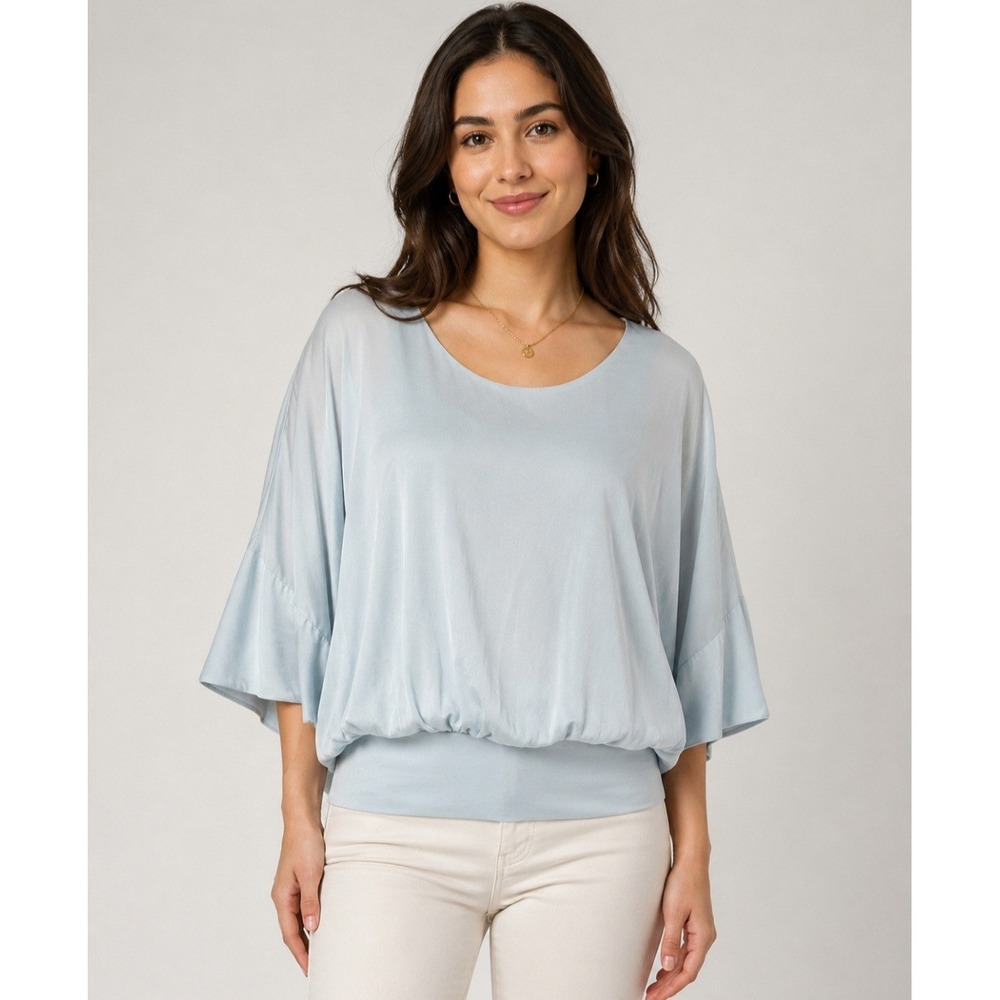 CobbleStone Silk Dolman Sleeve Blouse Large Light Blue Banded Hem Sheer Italy